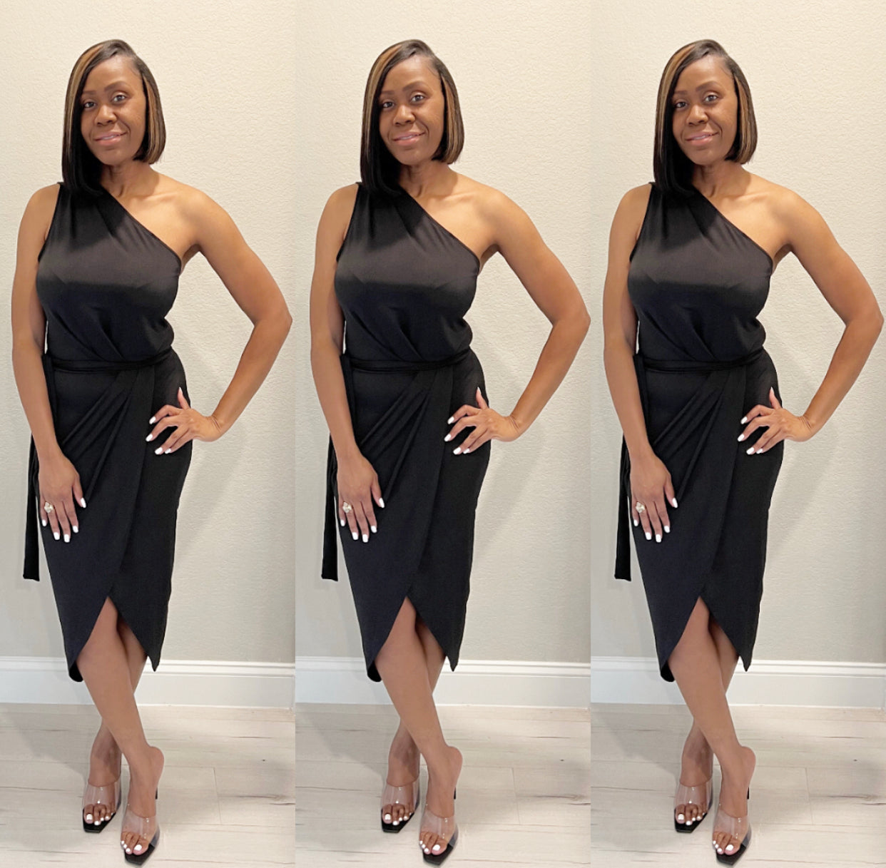 The Amara Asymmetrical Black Midi Dress