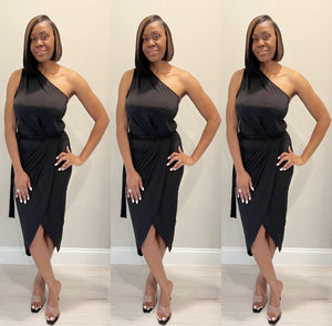 The Amara Asymmetrical Black Midi Dress