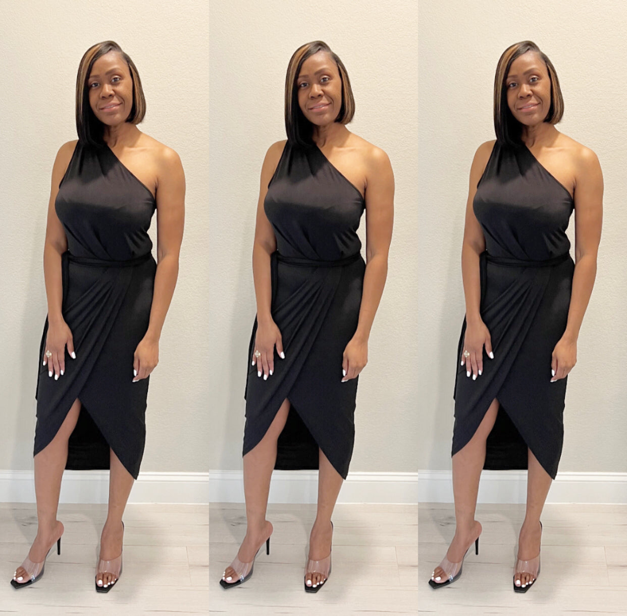 The Amara Asymmetrical Black Midi Dress
