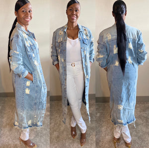 Distressed Long Denim Jacket (Curvy Girls Plus)