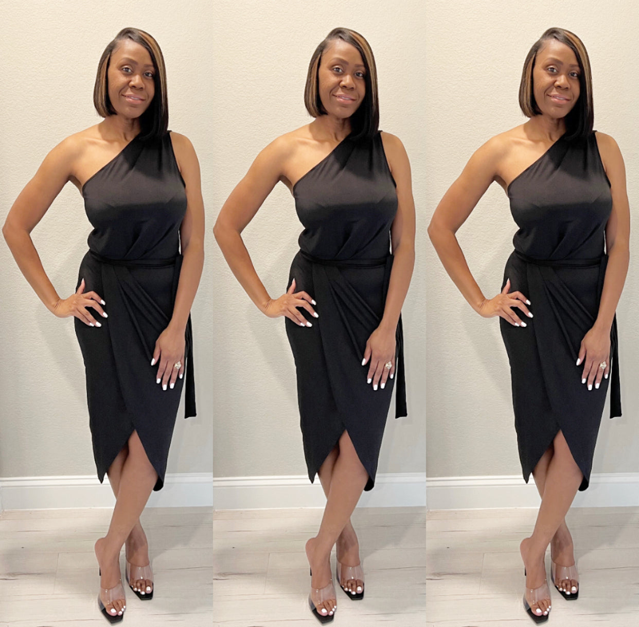 The Amara Asymmetrical Black Midi Dress
