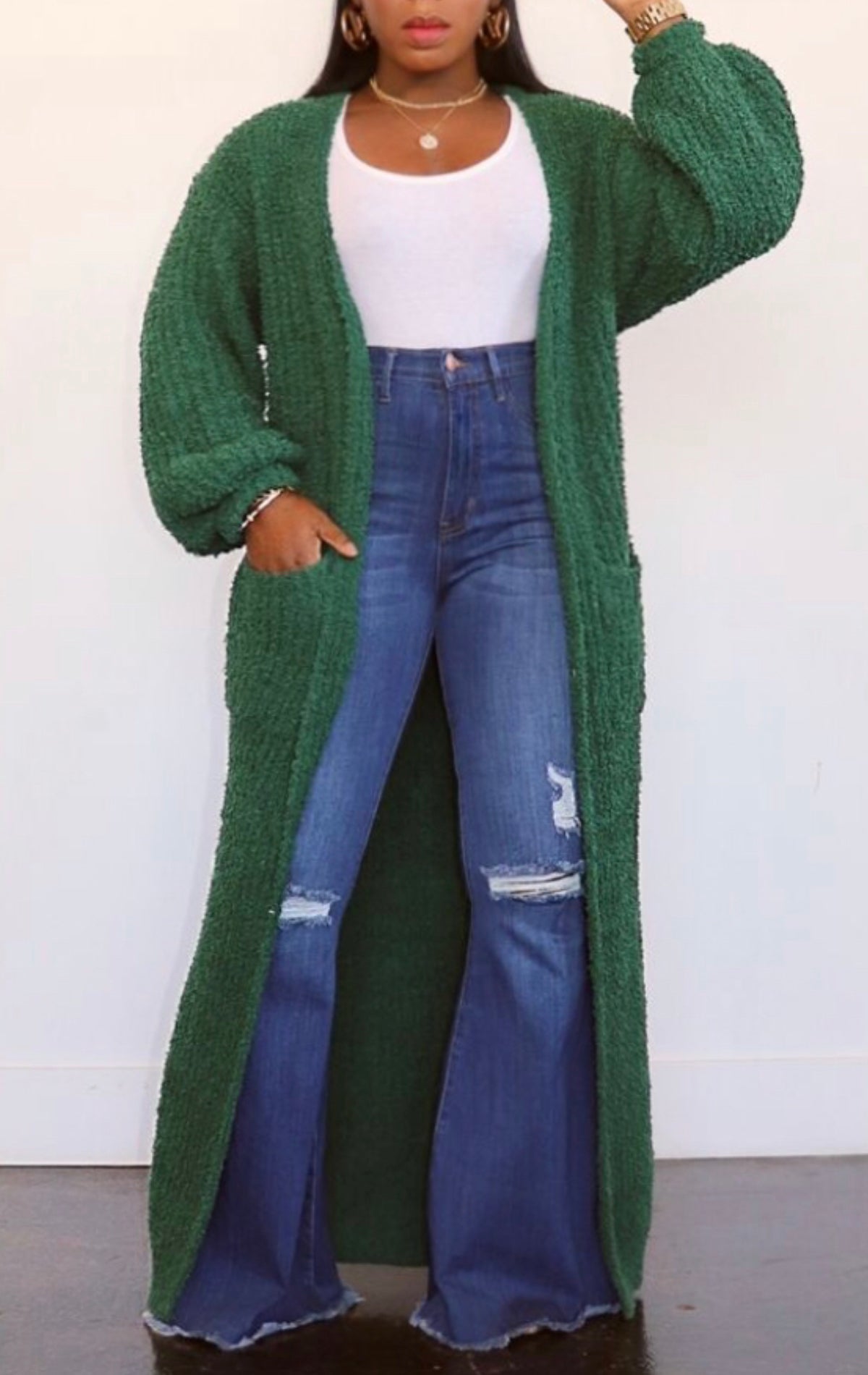 The Maxi Puff Sleeve Hunter Green Cardigan